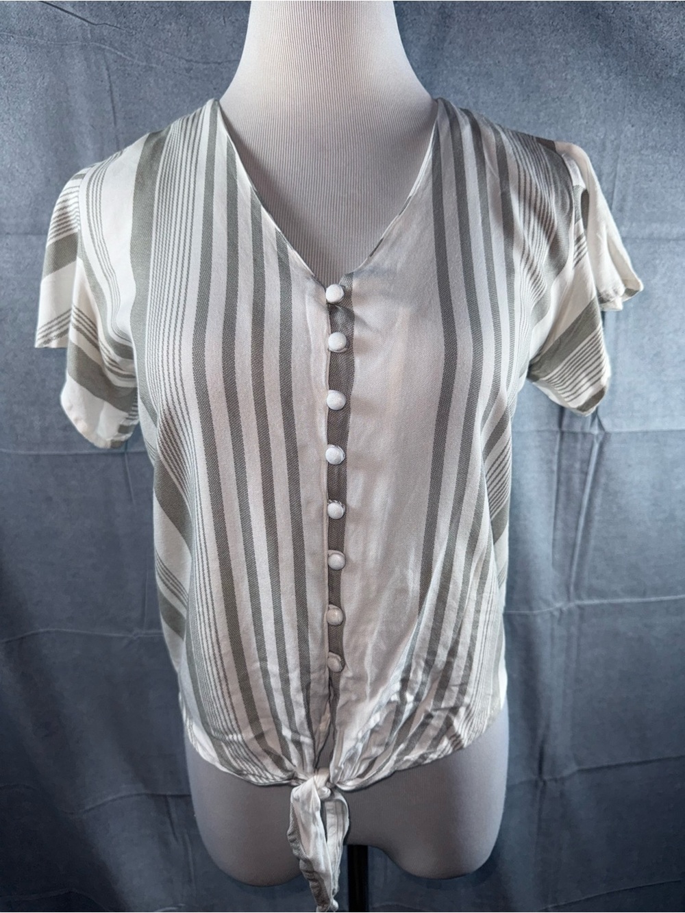 2523-Sim & Sam Striped Tie-Front Short Sleeve Blouse - Beige and Gray